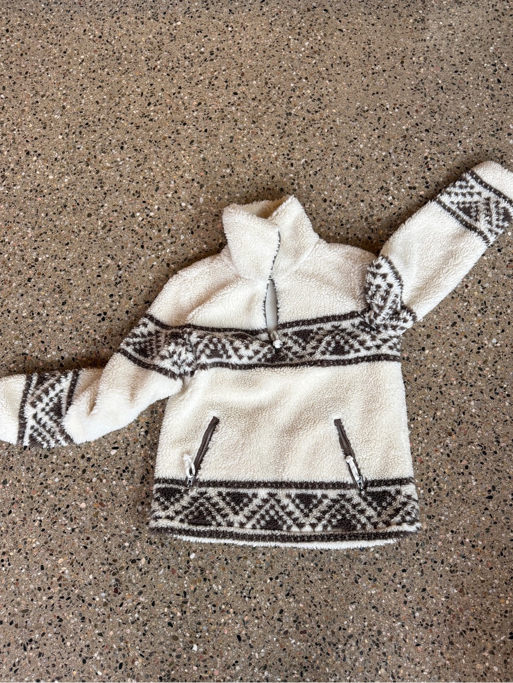Faherty Cream Sherpa Turtleneck Pullover with Brown Fair Isle Trim